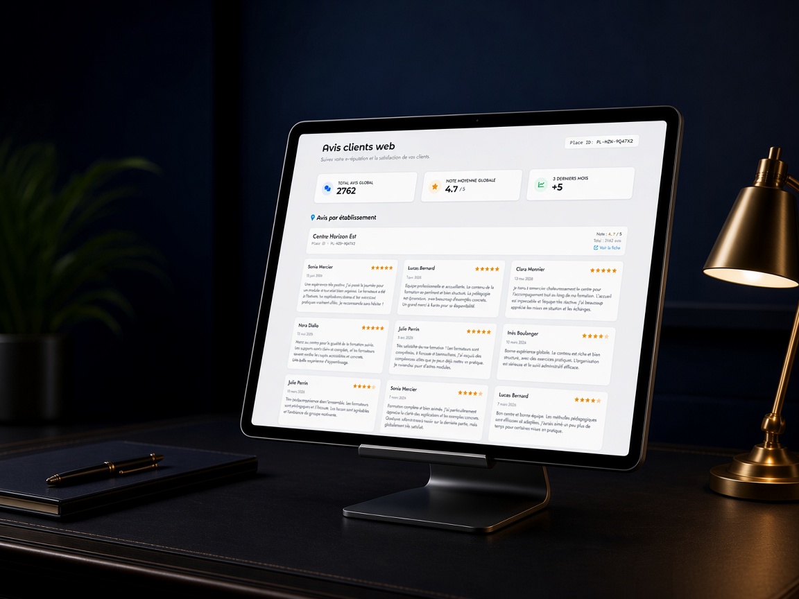 Avis clients et fiche Google du DigitalCenter présentés sur une tablette