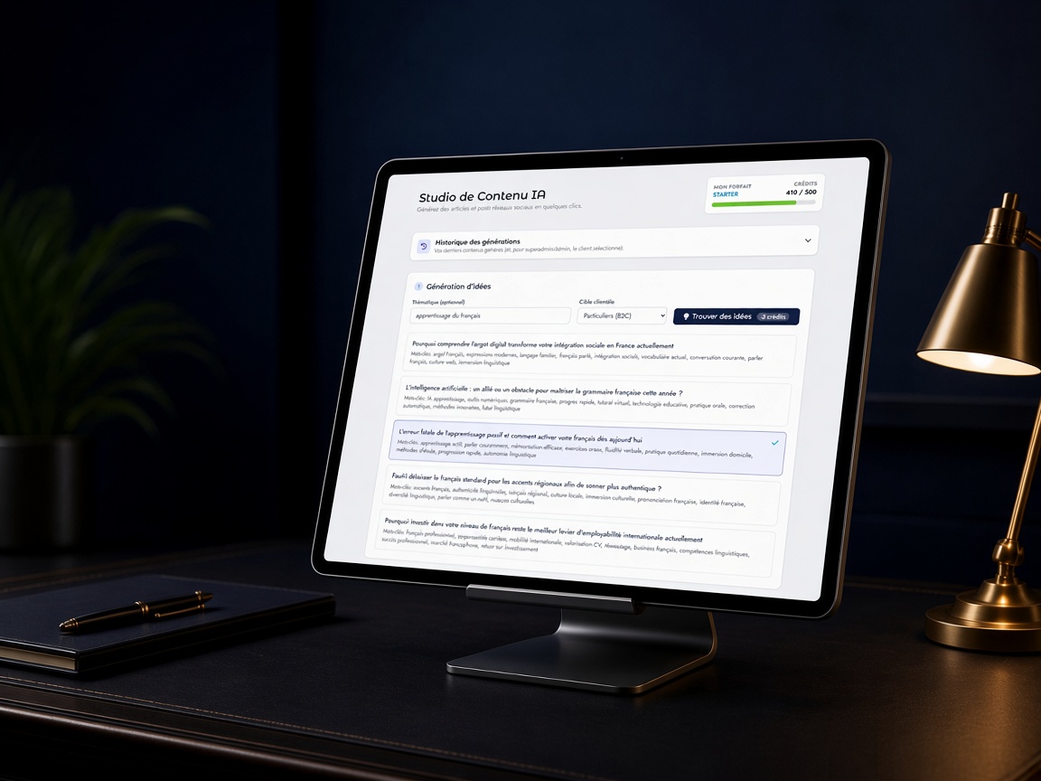 Studio de contenu IA du DigitalCenter sur une tablette
