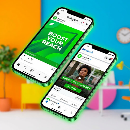 Aperçu de publicités Meta sur différents formats mobile