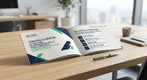 Plaquette d'entreprise ouverte avec mise en page professionnelle