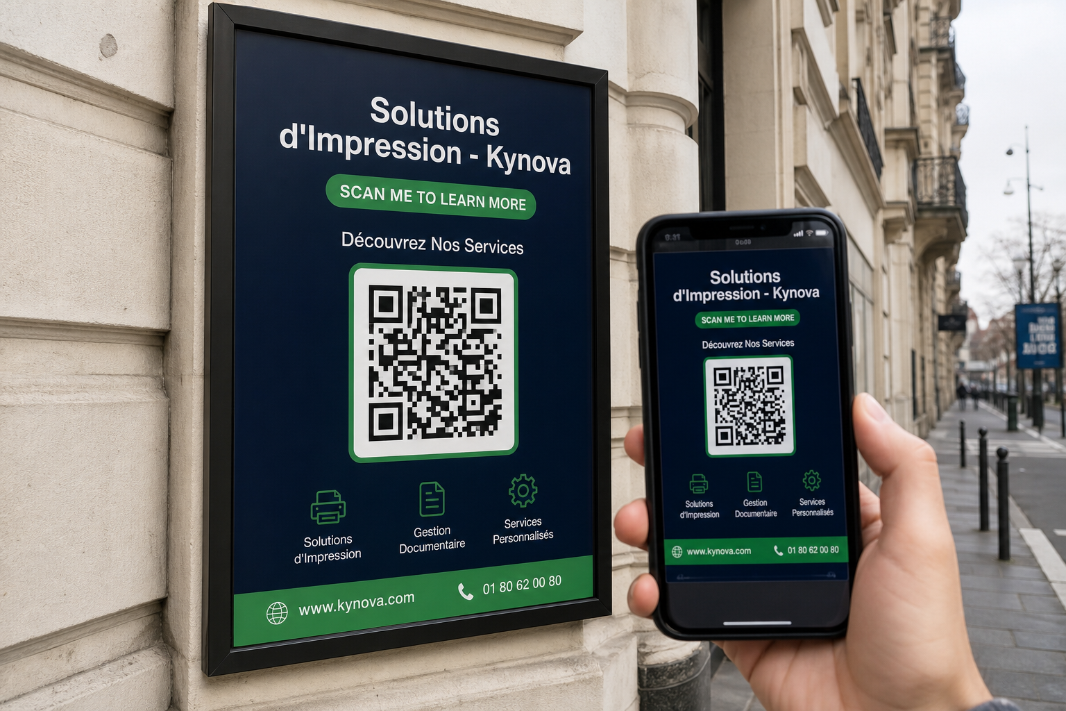 Smartphone scannant un QR code imprimé sur une affiche de vitrine